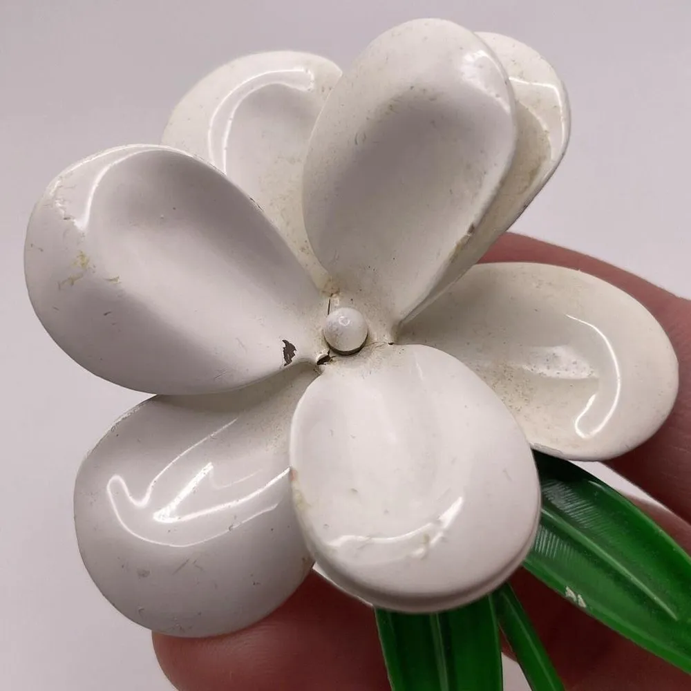 Vintage White Enamel Green Leaves Metal Flower Brooch / Pin - Image 3
