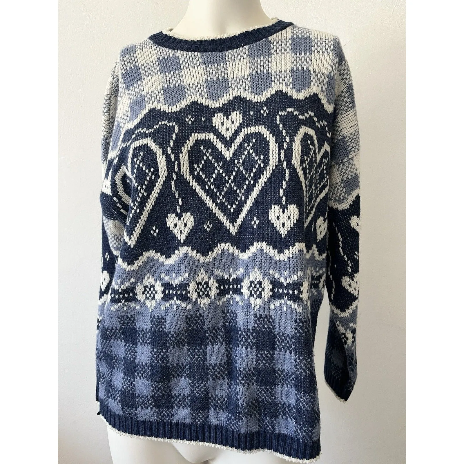 Vintage 80s Sasoon Large Festive Heart Crochet Sweater Blue White Plaid Check - Image 6