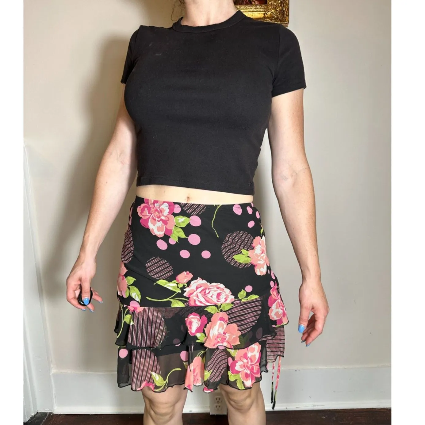 Vintage Black Floral Asymmetrical Mini Skirt Size Small - Image 5