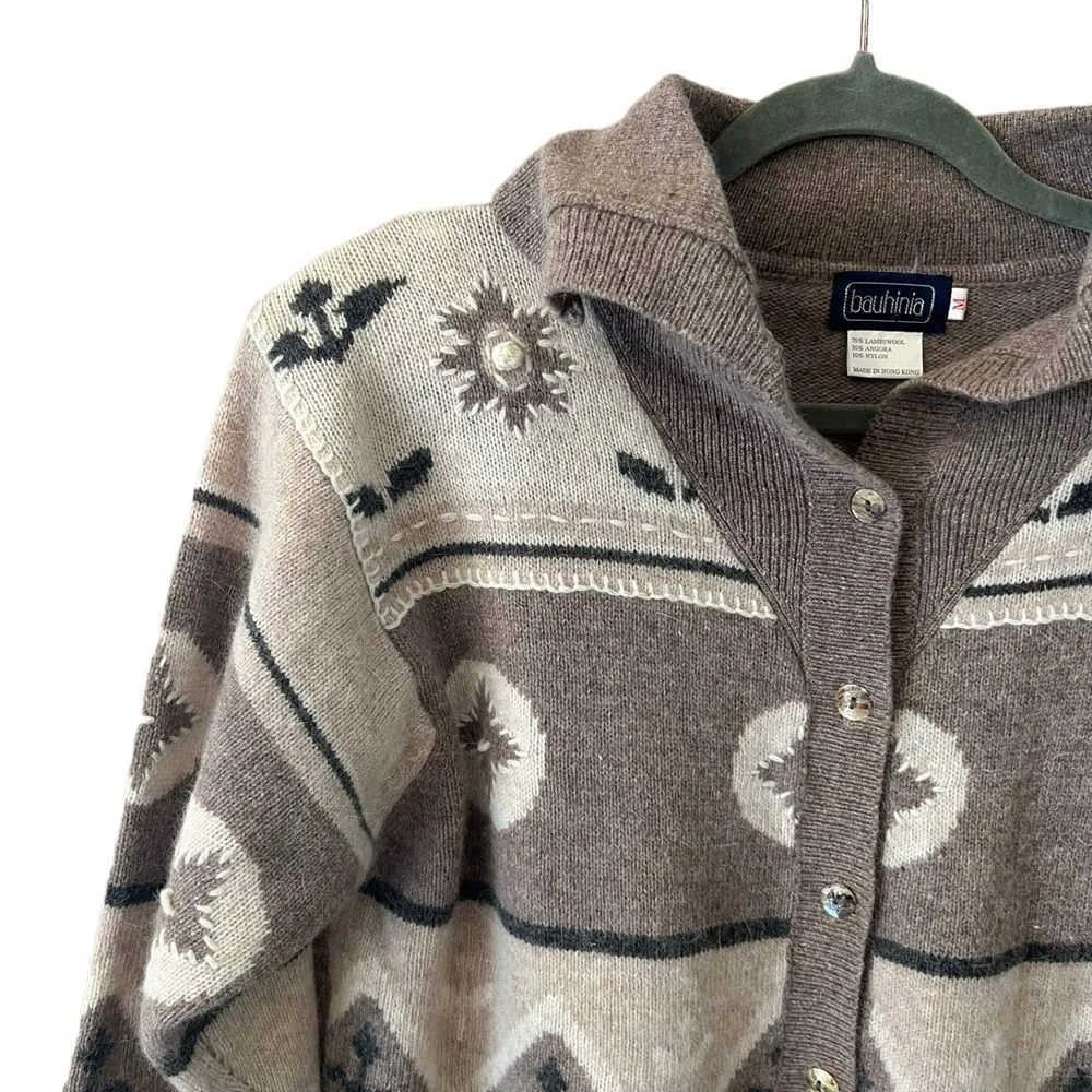 Vintage Bauhinia Angora Lambswool Cowichan Cardigan Sweater Taupe Cream Neutral Brown Size M - Image 3