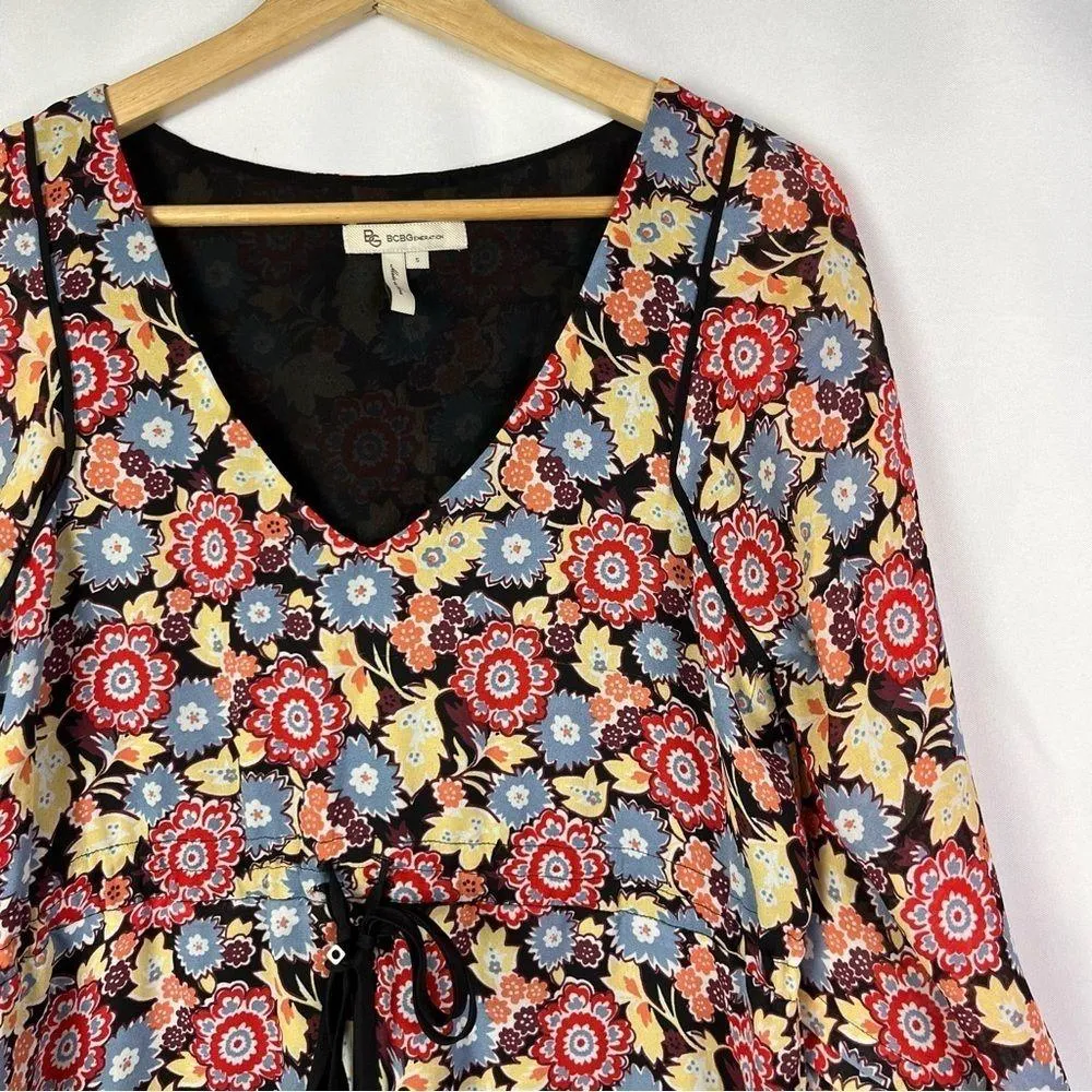 BCBGeneration Red & Blue Retro Floral Long Sleeve Babydoll Mini Dress S - Image 3