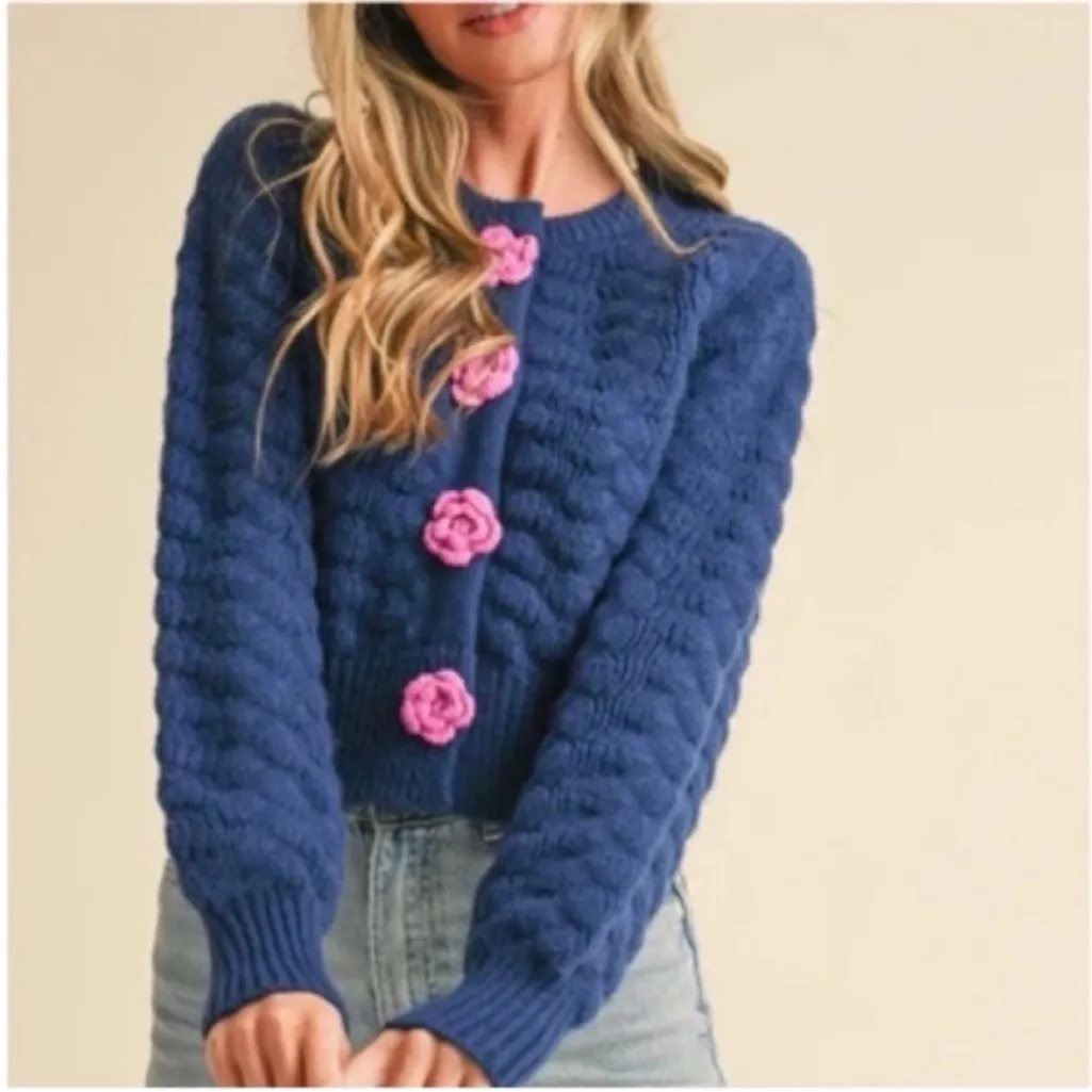 Elegant Blue Cardigan with Pink Floral Details - Image 2