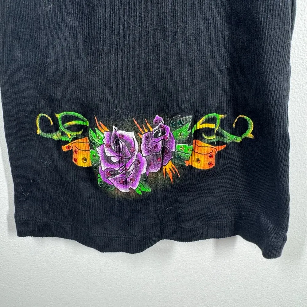 Bejeweled by Susan Fixel Top Women Black Floral Bling Tattoo Graphic Y2K Vintage Size undefined - Image 5