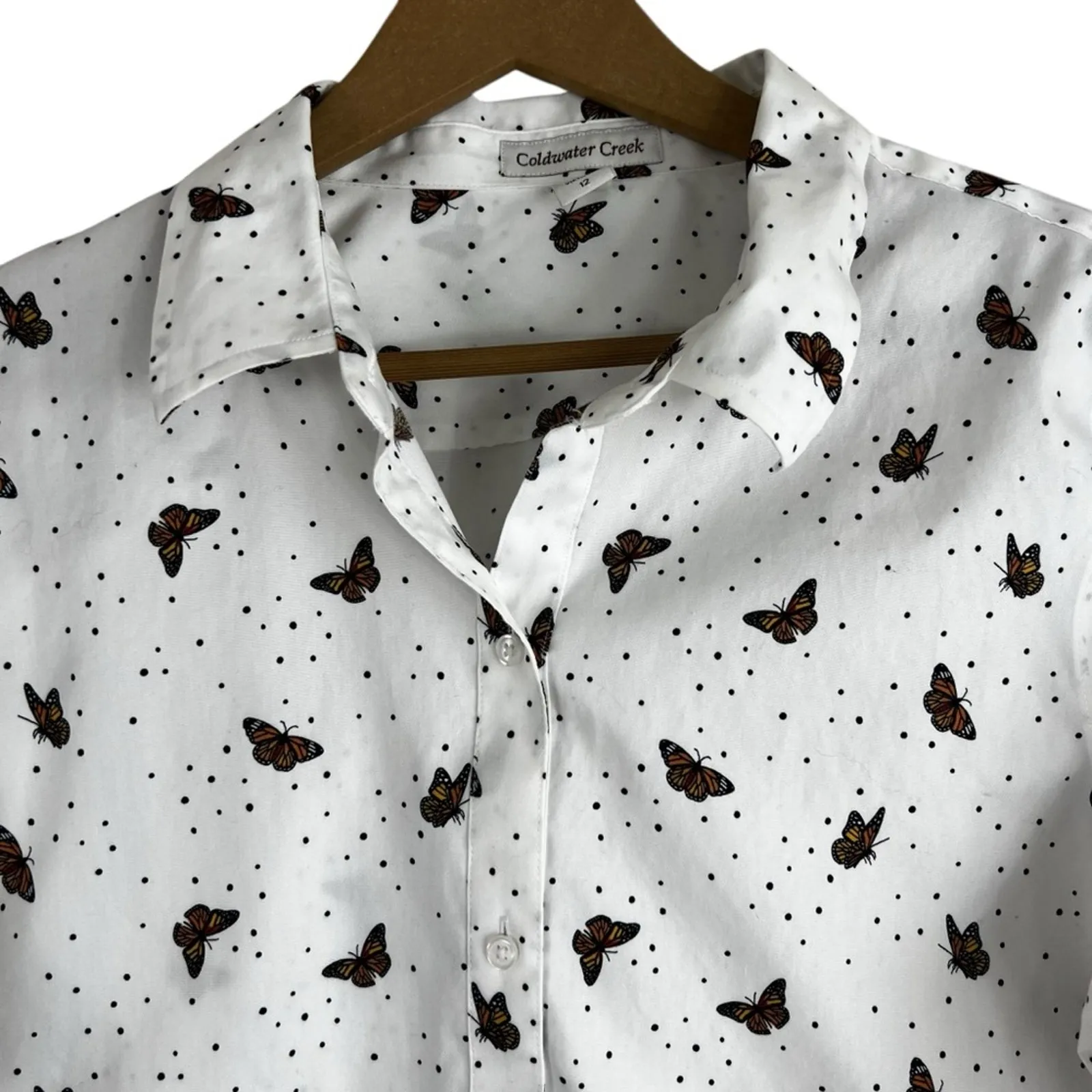 Coldwater Creek Button Down Shirt Womens 12 White Butterfly 100% Cotton Whimsy - Image 2