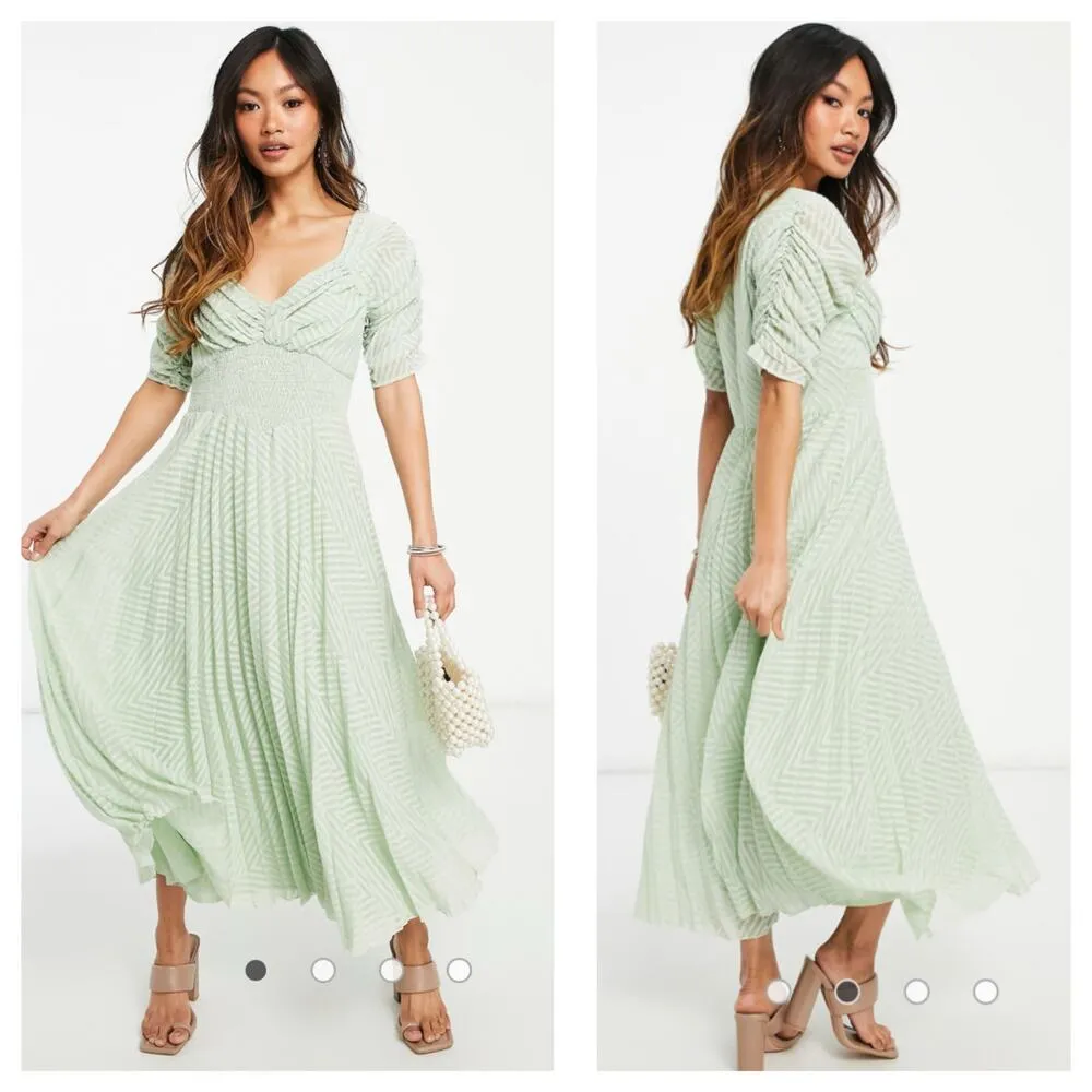 ASOS DESIGN Ruched Front Pleated Midi Dress Size 6 Smocked Waist Texture Blue - Image 14