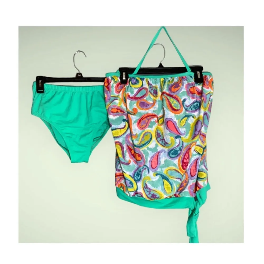 Dippin Daisy Teal Multicolor Paisley Tankini Bandeau & High Waist Bottoms Size 8 - Image 2