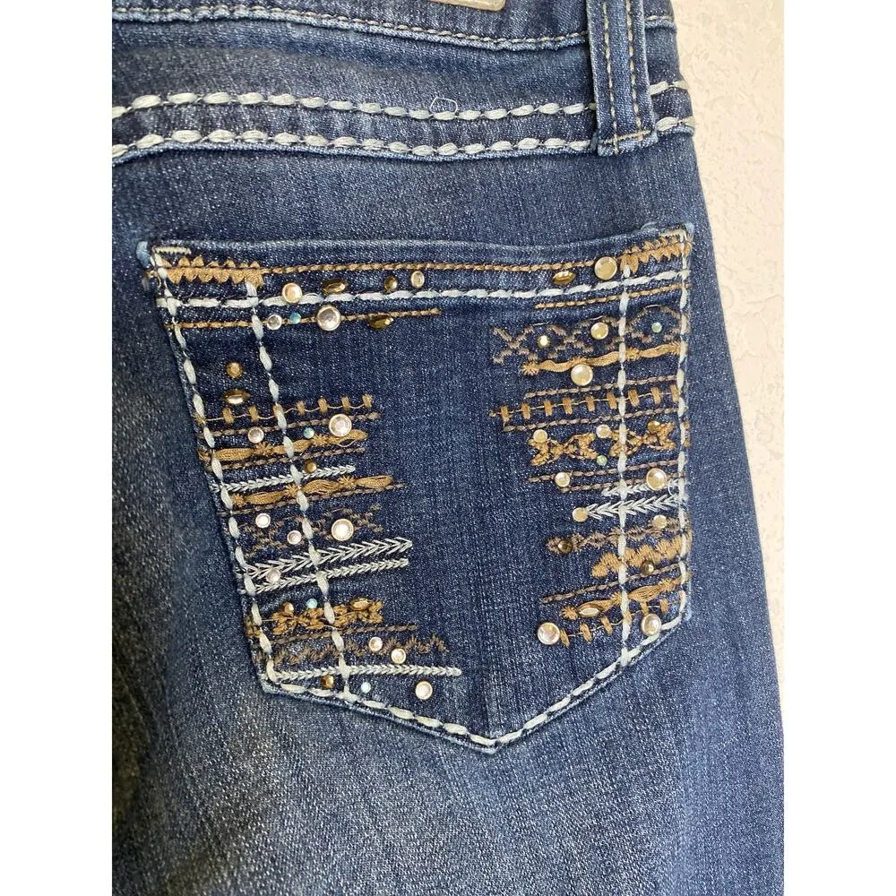 Rock 47 by Wrangler Women’s Bootcut Embelished Low Rise Dark Denim Jeans Sz 28L Blue - Image 6