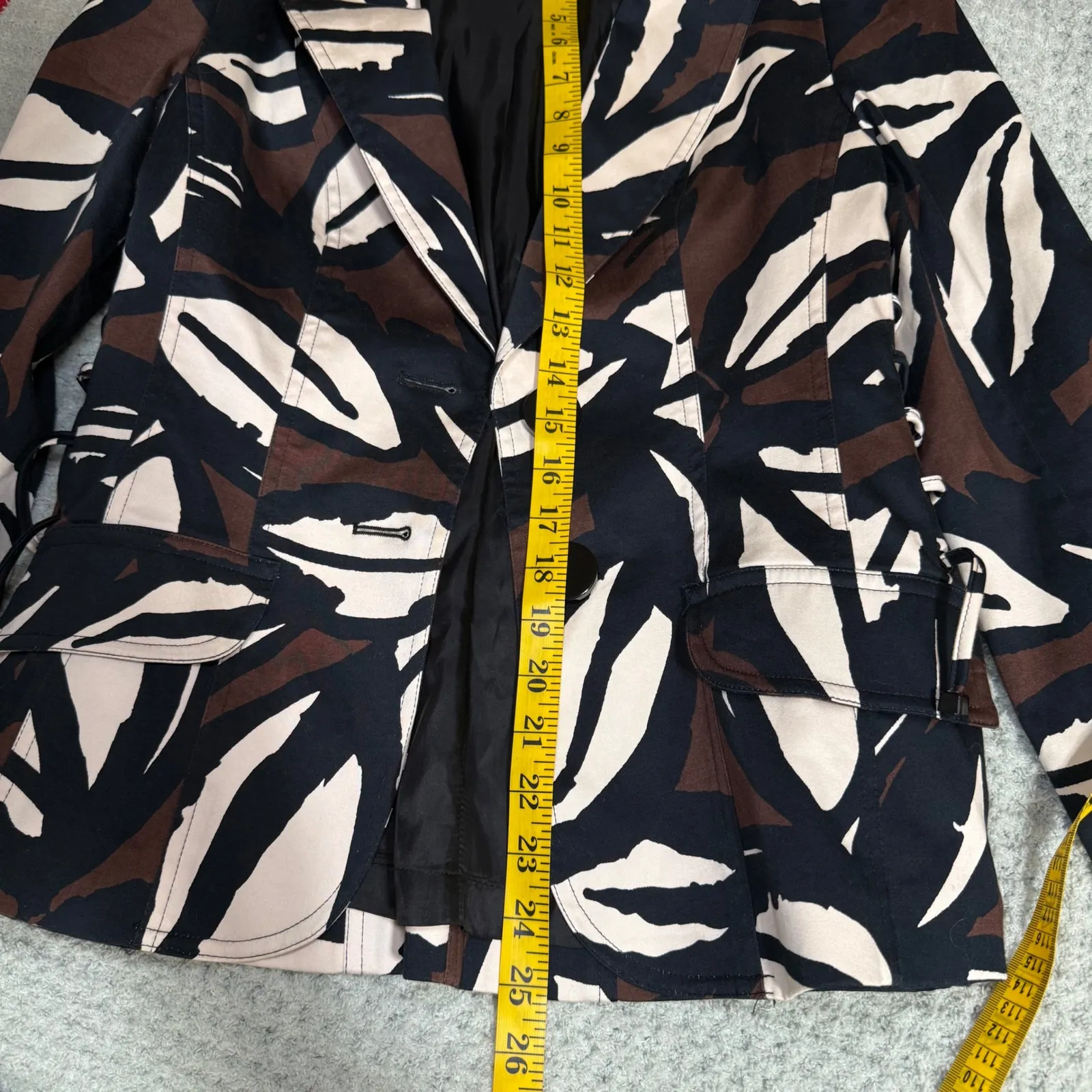 Cache Blazer Jacket Small Abstract Print Fitted Side Laced‎ Up Brown Black Ivory - Image 10