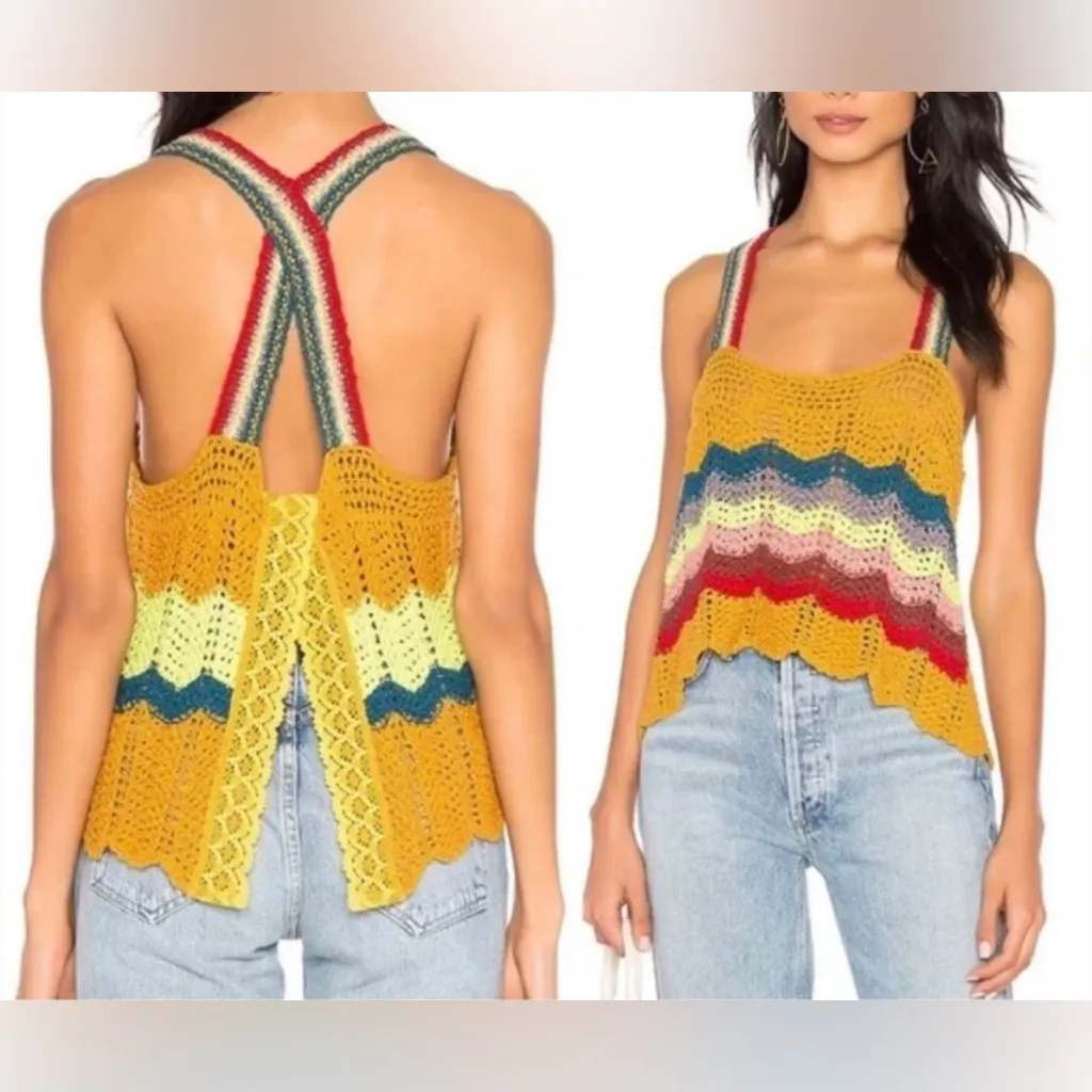 Free People Winding Road in Yellow Crochet Open Back Knit Tank Top M - Image 2
