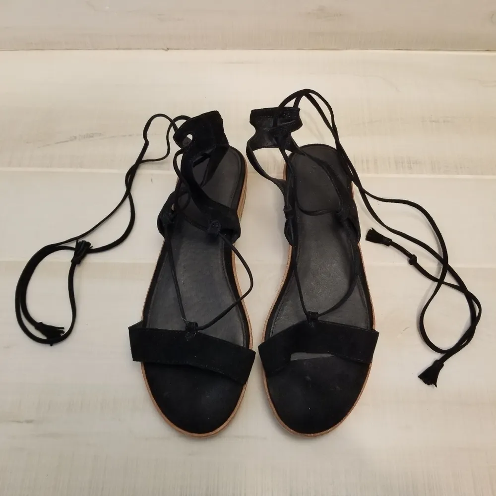 {9.5M} Frye Miranda Gladiator Platform Tie Wrap Sandals Black Suede Cork - Image 2