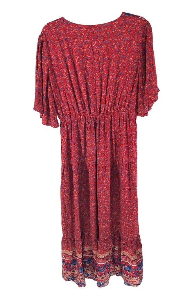 Pretty Garden Maxi Dress Prairie Ruffle Floral Cottagecore Romantic Red XL - Image 2