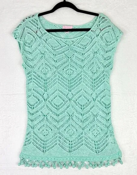Lilly Pulitzer Kinley Sweater Top Size Medium Sand Bar Blue Crochet Open Knit - Image 1