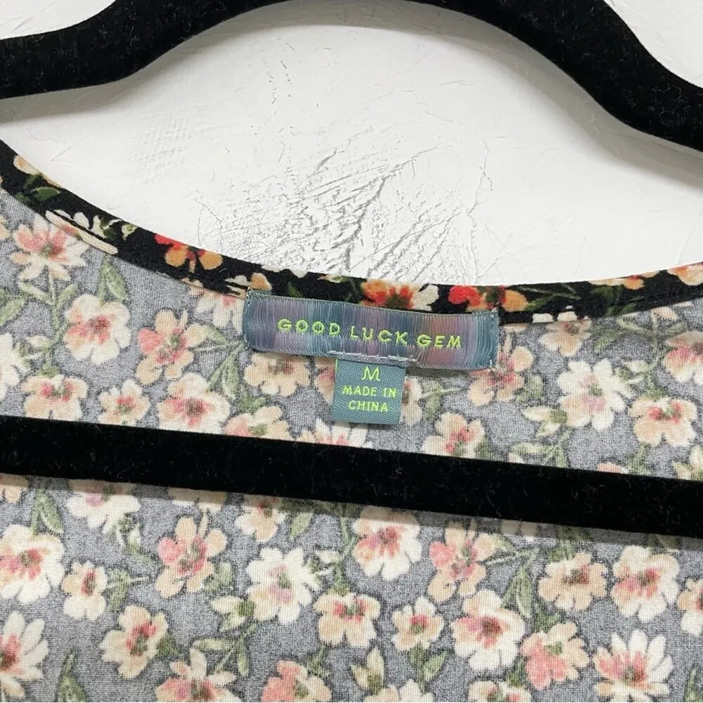 Good Luck Gem Black & Cream Ditsy Floral Boho Smocked Blouse M Ruffled Romantic - Image 2