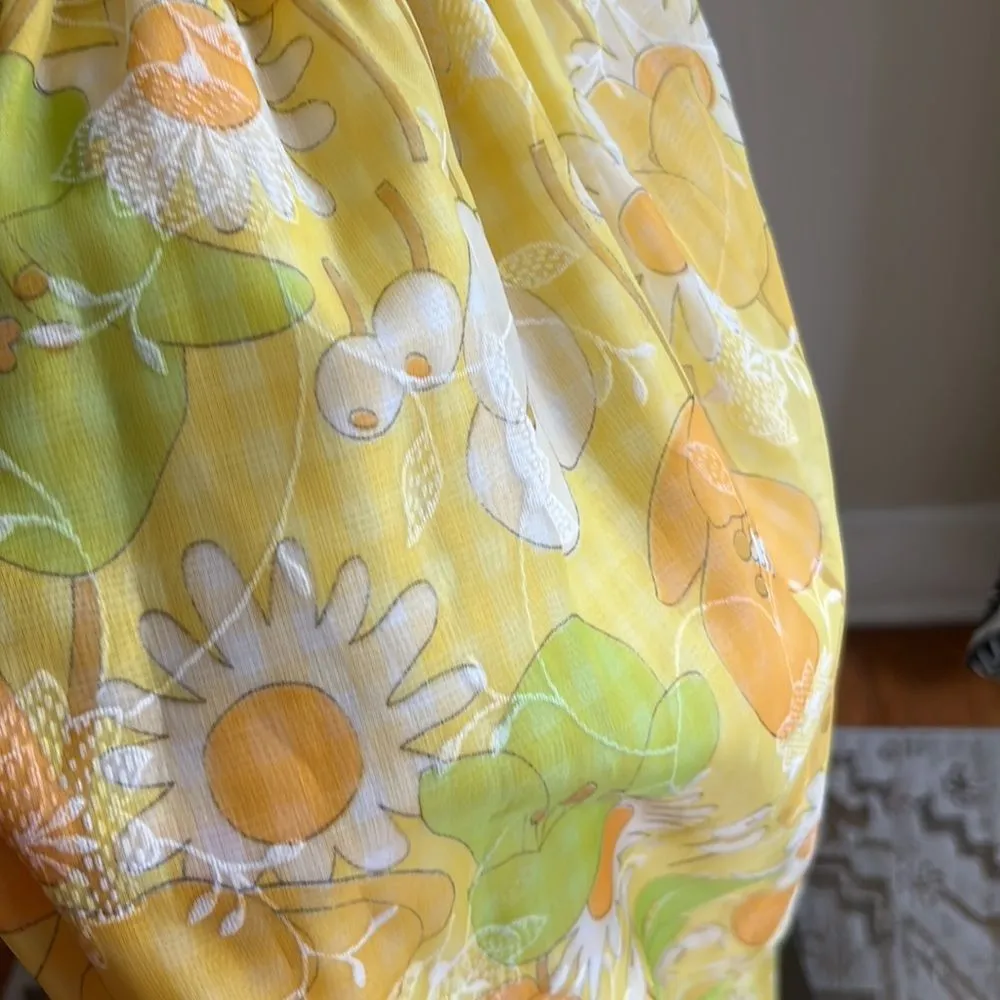 VINTAGE 60s 70s Yellow Floral Prairie Maxi Dress Puff Sleeve Square Neck Daisy S - Image 15