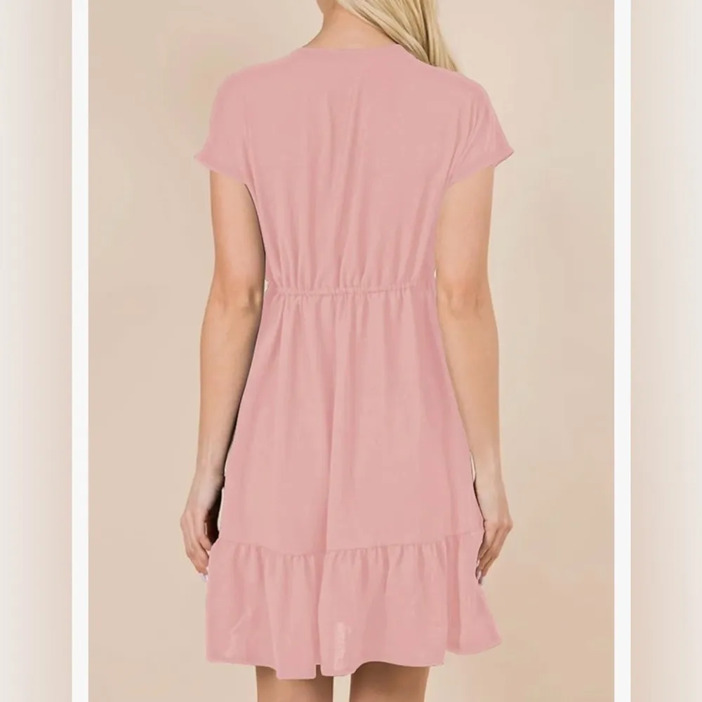 NEW Short Sleeve V Neck Empire Waist Drawstring Ruffle A - Image 2