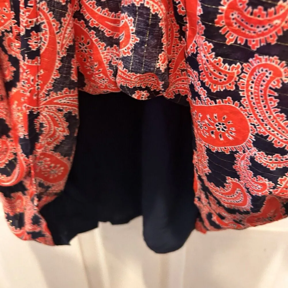 Boden Tie Neck Mini Dress Red Blue Gold Metallic Paisley Women’s‎ Size 14 - Image 6