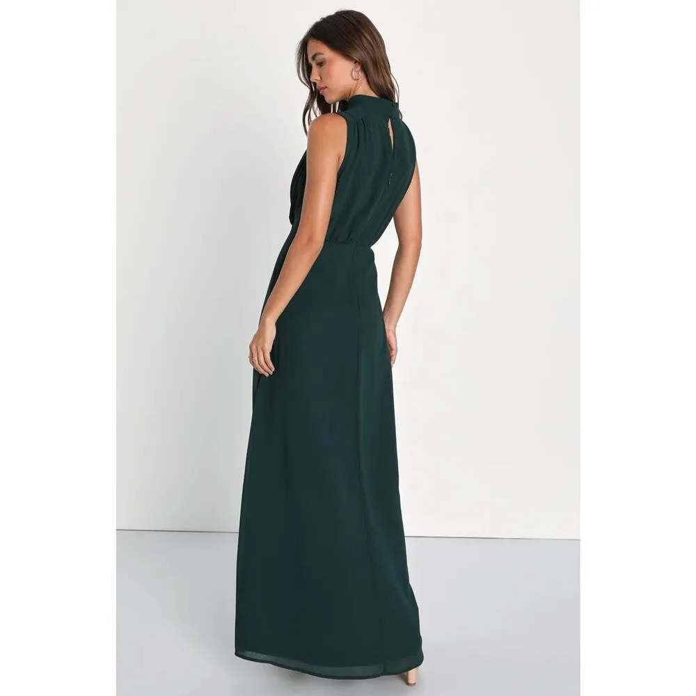 NWOT Lulus Classic Elegance Emerald Chiffon Sleeveless Mock Neck Maxi Dress Sz M - Image 3