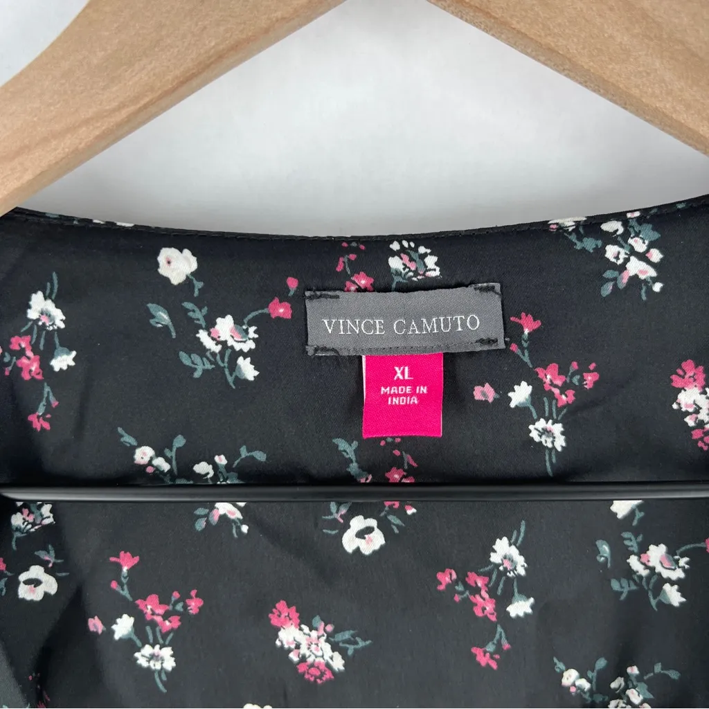 Vince Camuto Black Satin Floral Print Floral Layered‎ Front Ruffle Sleeve Blouse - Image 2