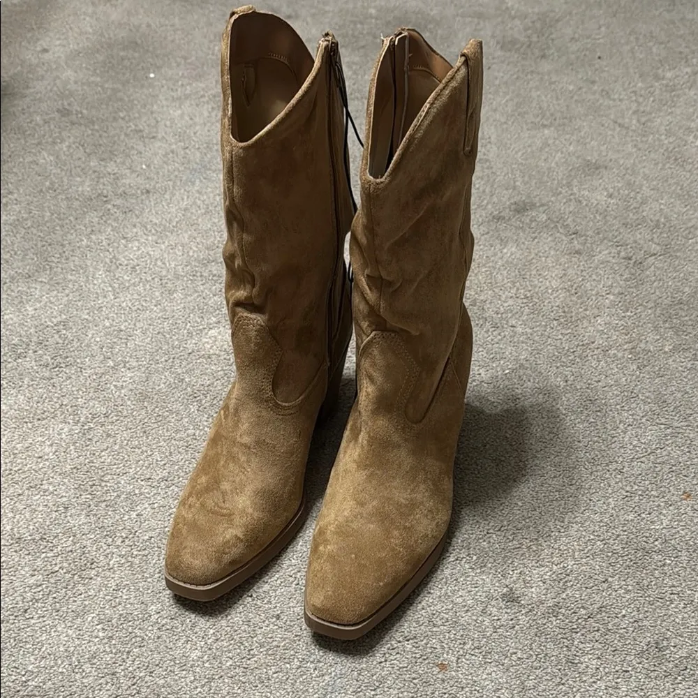 Pop Framework Light Brown Soft Faux Suede Slouchy Heeled Cowboy Boots Size 10 Tan - Image 2