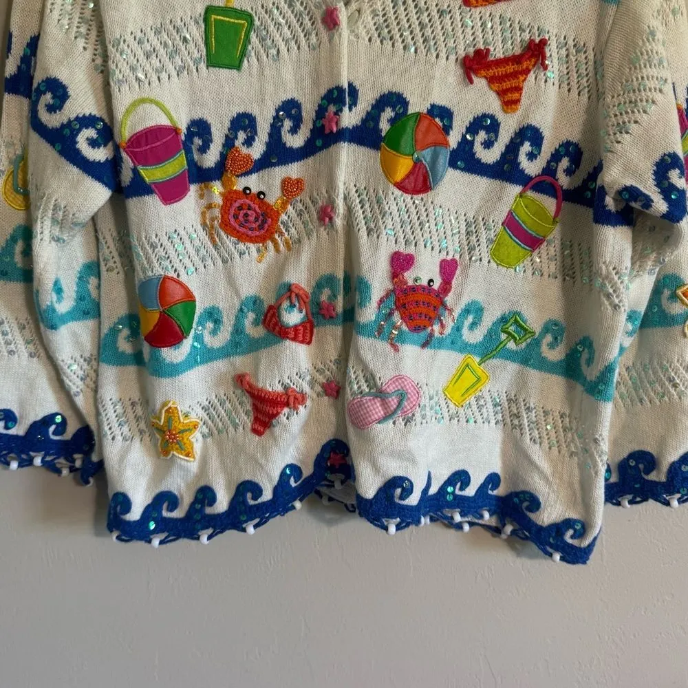 Vtg Jane’s closet 90s beach theme knit cardigan sweater colorful size small White - Image 4