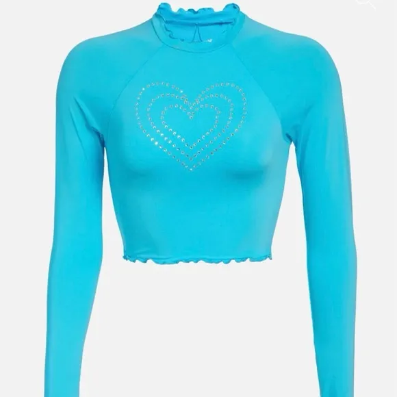 Hurley X Love Shack Fancy Rhinestone Rashguard Top Turquoise Heart Size Small - Image 3