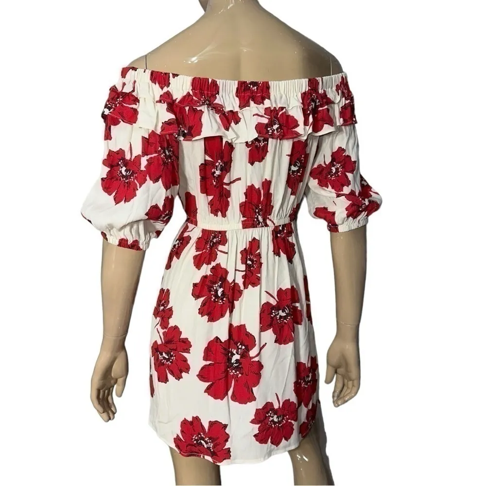 Ba&sh Women’s Size XS Red Floral Cream Kiara Off the Shoulder Short Mini Dress - Image 9