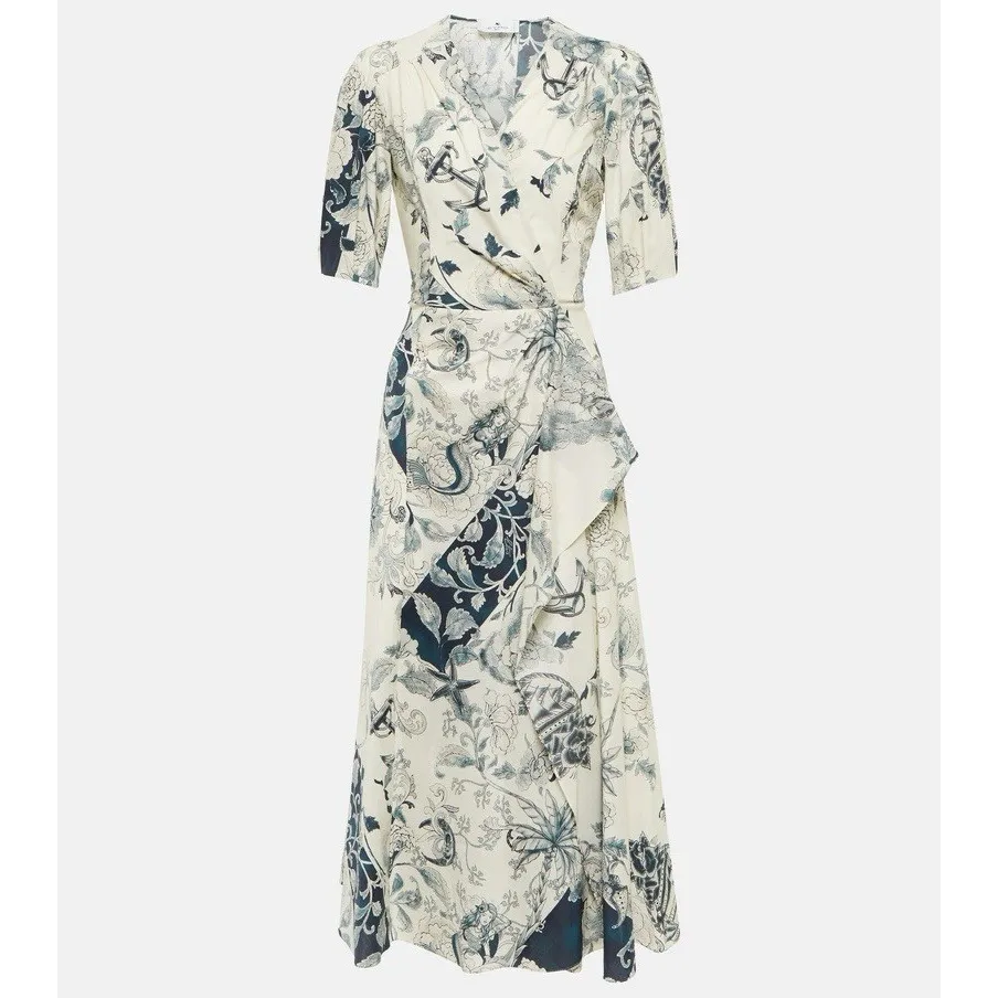 ETRO Nautical Paisley Faux Wrap Midi Dress Size 14 (46) Made‎ in Italy $1870 Blue - Image 5
