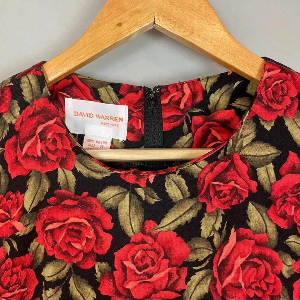 Vintage 80s Floral Dress Roses Dropped Waist Long Sleeve Modest‎ Black Red Retro Size 8 - Image 13