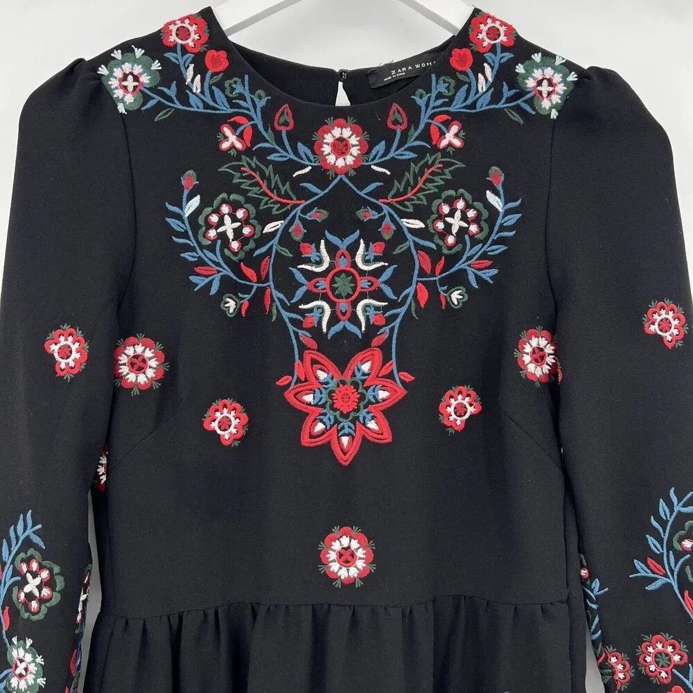Zara Woman Floral Embroidery Embroidered Long Sleeve Midi Dress Black‎ Size XS - Image 4
