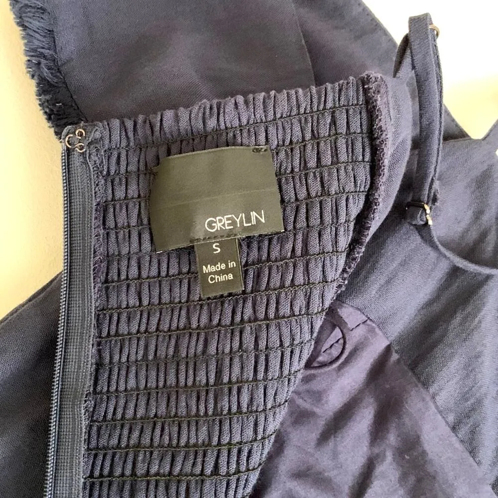 Greylin Cait Navy Off-Shoulder Fringed Trim Dressy Romper Size Small - Image 2