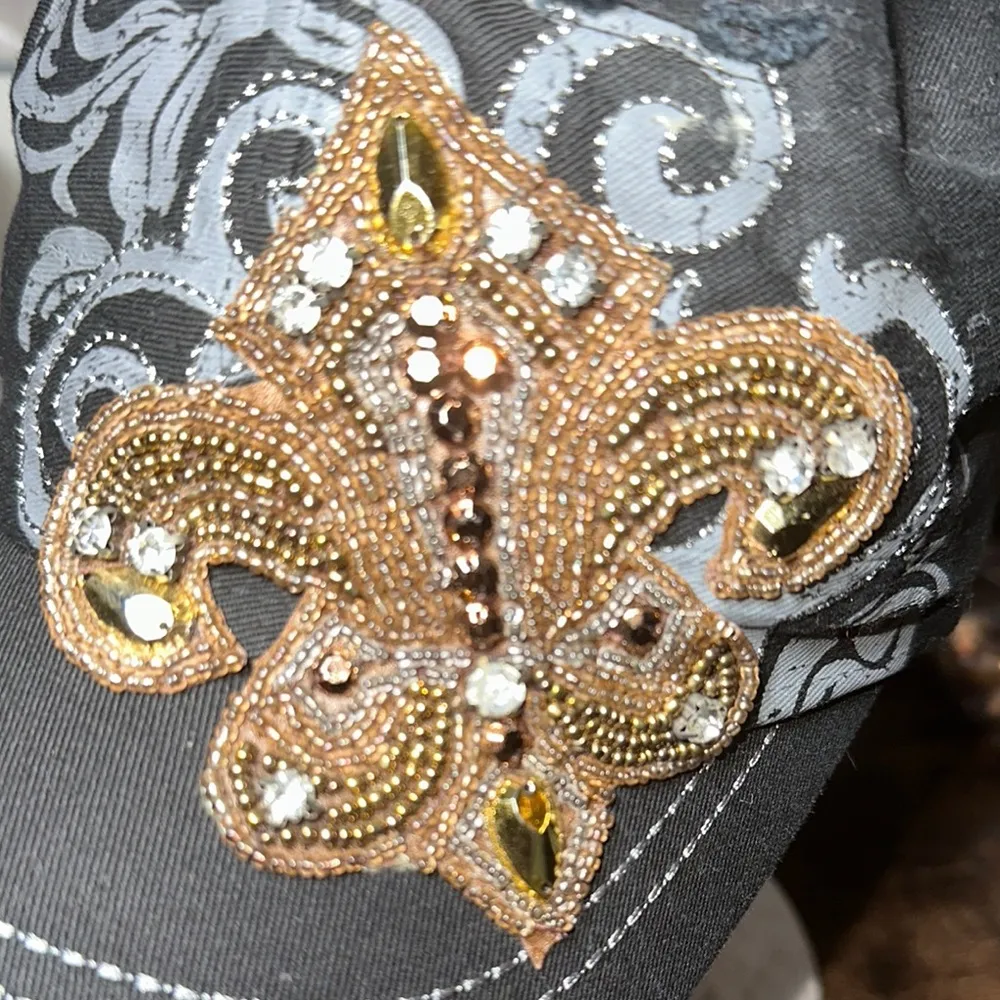 Kbethos fleur de lis rhinestone Embellished Black Cap w/ Gold Accents - Image 4