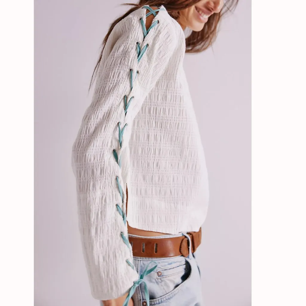 NWT Free People Laced-Up Tee in Optic White Combo - Image 3