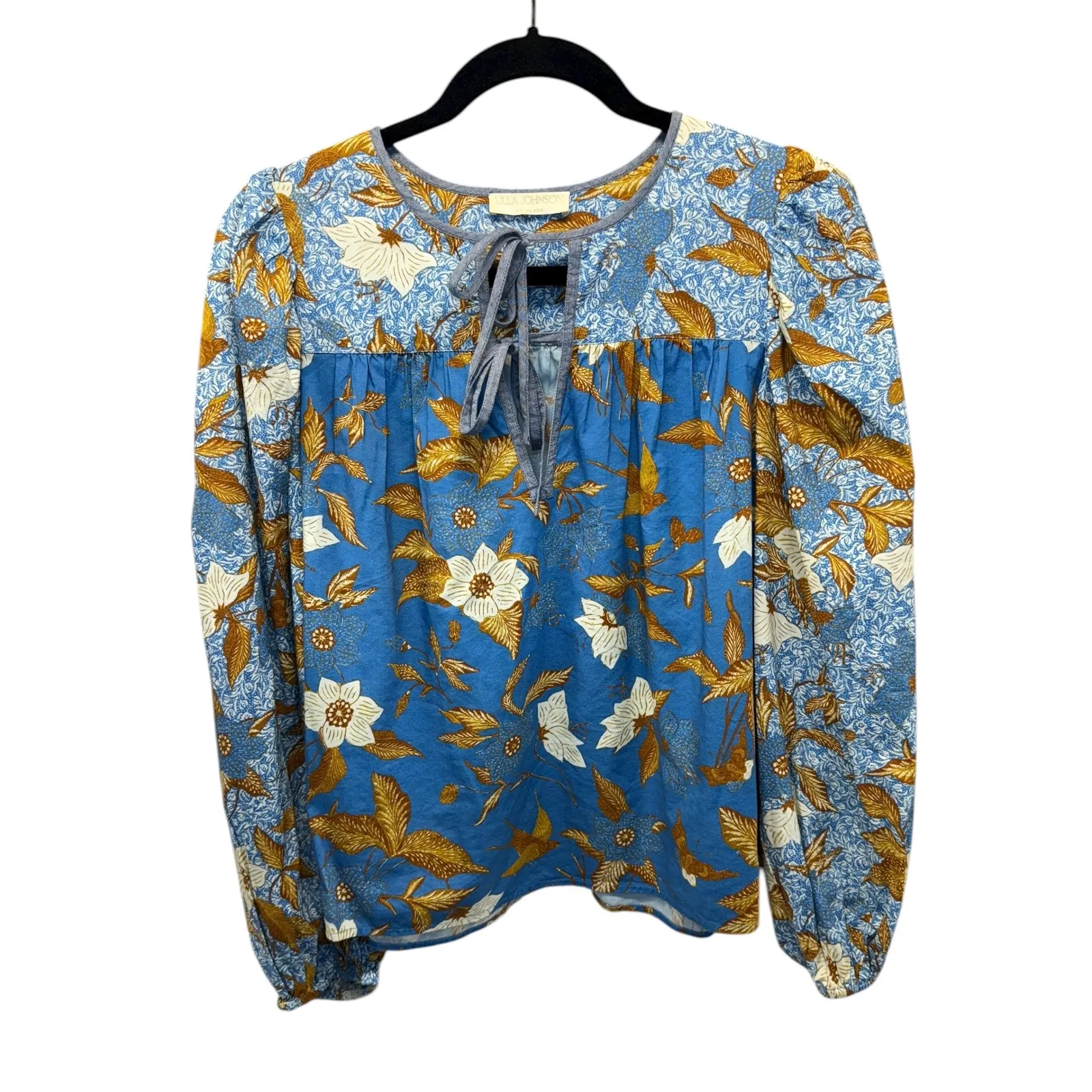 Ulla‎ Johnson Blue Floral Print Tie Neck Peasant Blouse Top Pre Fall 2022 Size 4 - Image 4