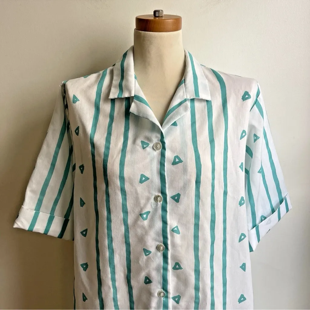 Vintage 80s Blair Shirt Dress Cotton Short Sleeve Abstract Aqua White 16 Large - Image 2