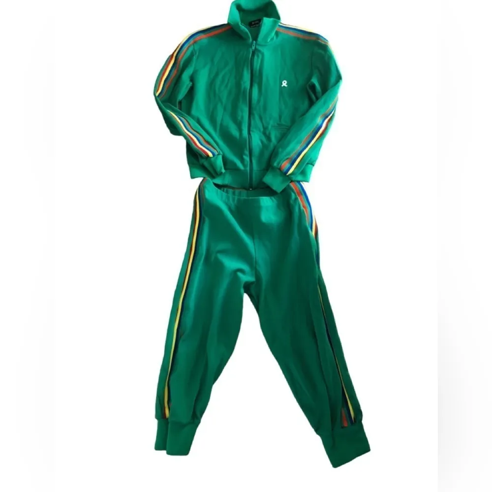 VTG Demetre Ladies 2PC Track Jacket Crop Jogger Pant L Green Rainbow Stripes Size L - Image 2