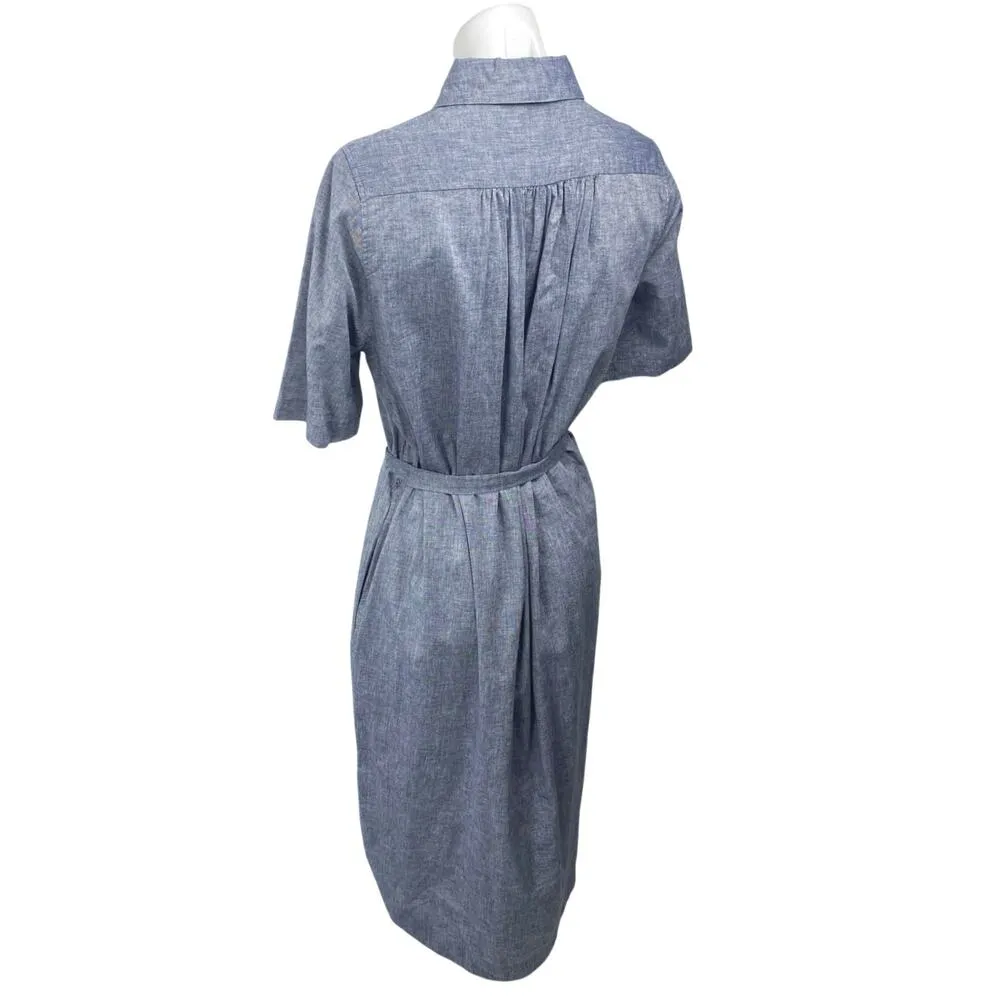 TROVATA Birds of Paradis Blue Linen Short Sleeve Belted Button Up Shirt Dress XS - Image 2