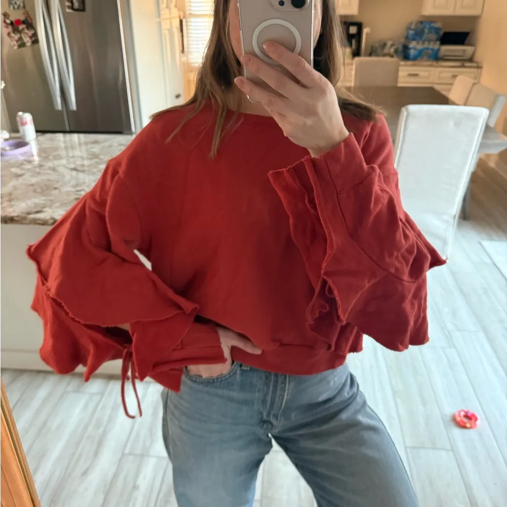 FP Beach Ruffle Sleeve Oversized Sweatshirt Red Size M - Image 3