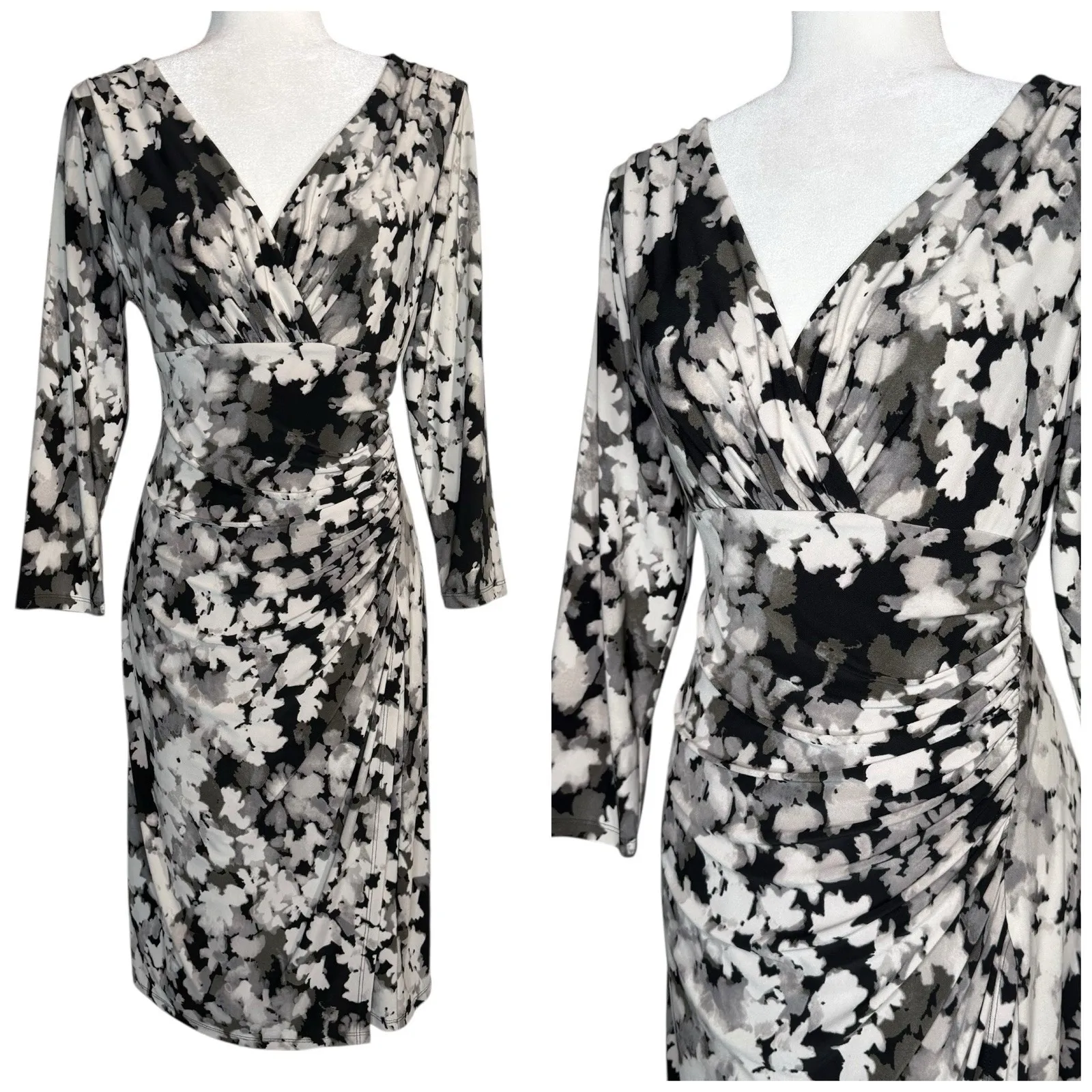 LRL RALPH LAUREN 12‎ Slinky Stretch Ikat Floral Shirred Surplice Dress Faux Wrap - Image 2