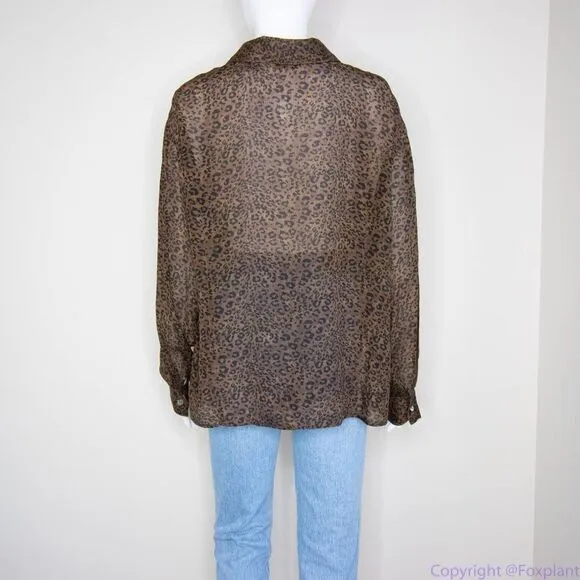 Silk Icon Collection 100% silk leopard animal print button down shirt, size L Brown Size L - Image 15