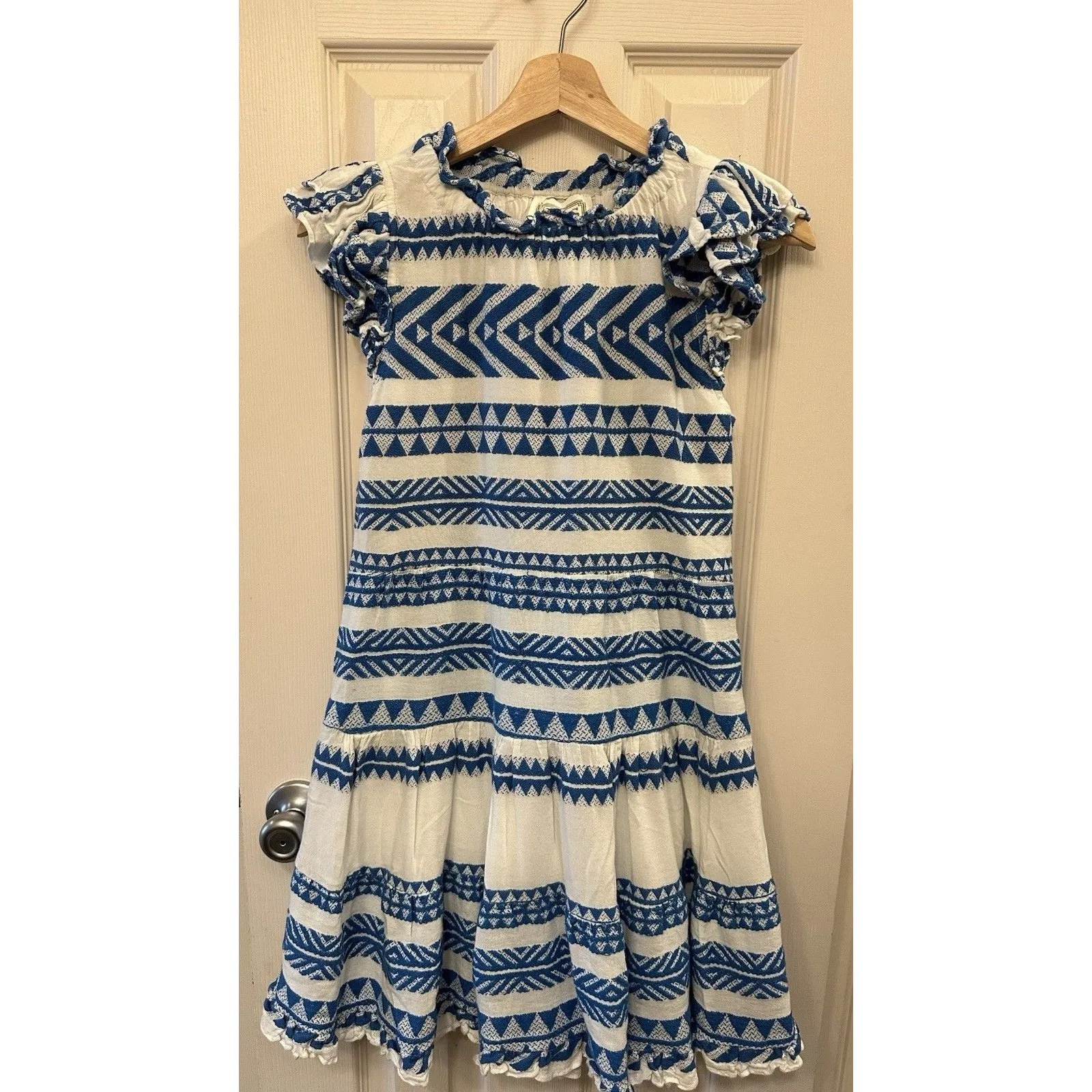 SAIL to SABLE Geo Stripe Ruffle Neck Dress 100% Cotton Blue White Size XS EUC - Image 3