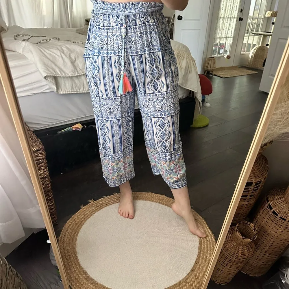 Surf Gypsy Women’s Medium Blue Patterned Tassel Flare Pants Boho - Image 2