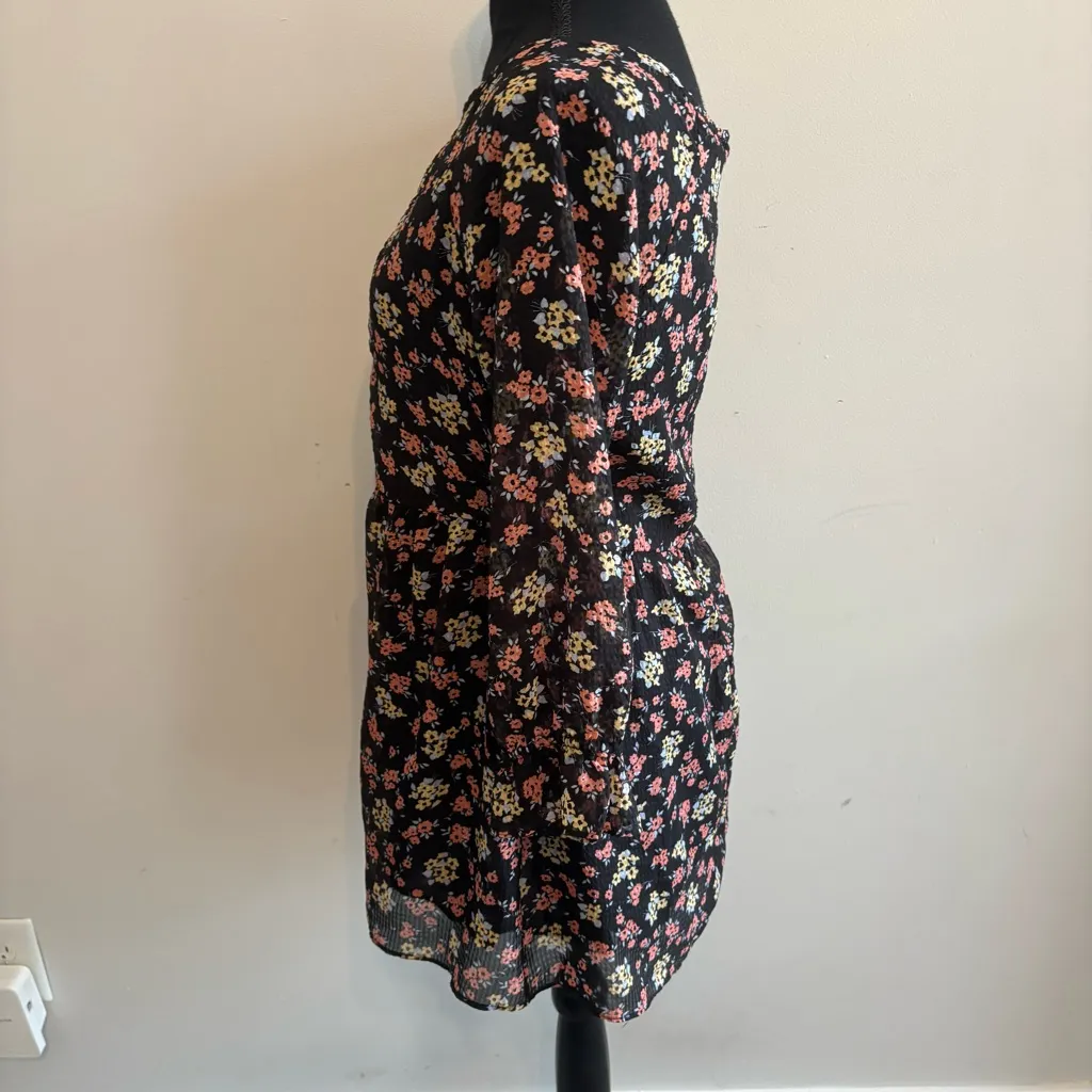 Free People Black Comb Ditsy Floral 3/4 Sleeve Ruched Babydoll Mini Dress Tunic - Image 5