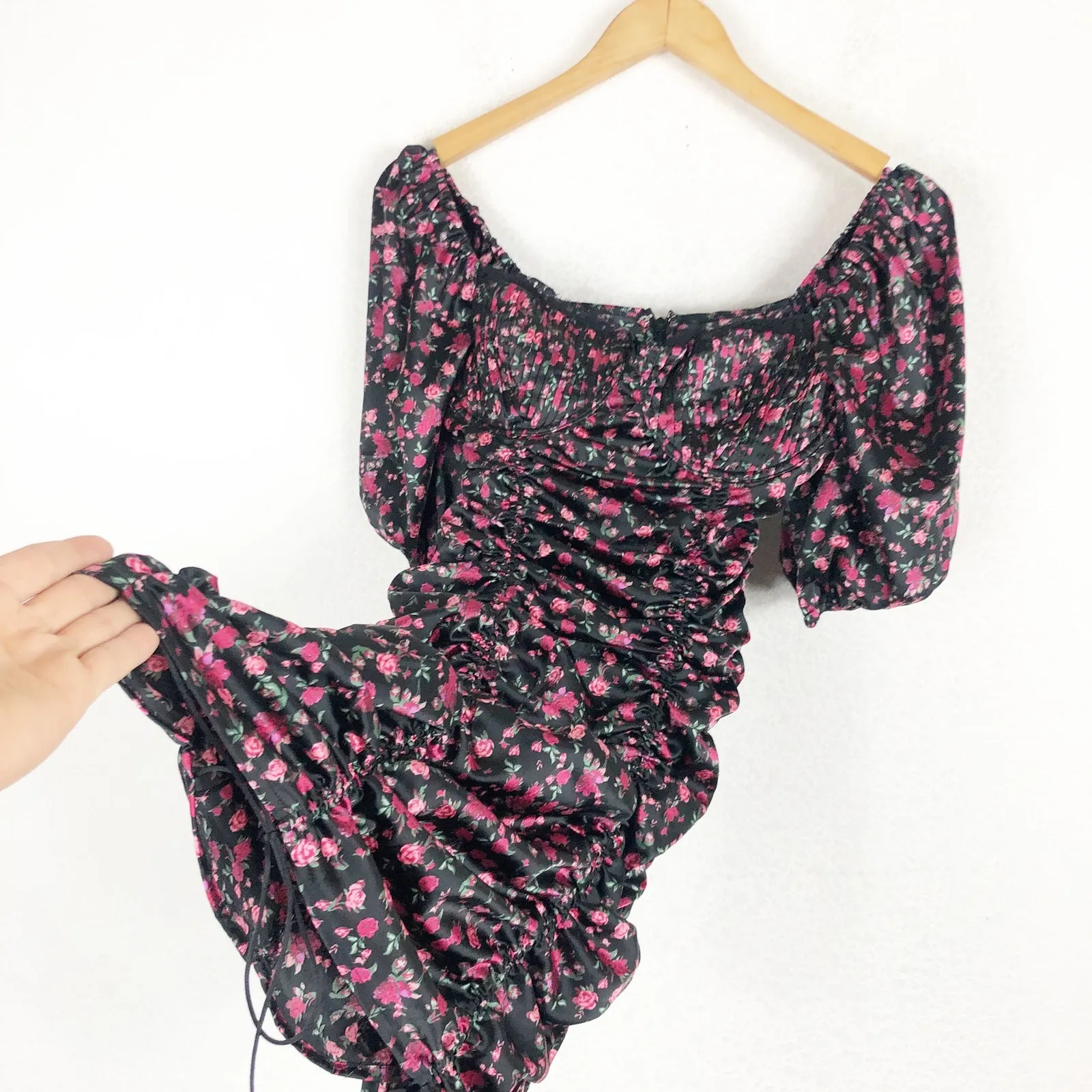 For Love and Lemons Melrose Mini Dress Small Floral Puff Sleeve Ruched Vday Black - Image 11