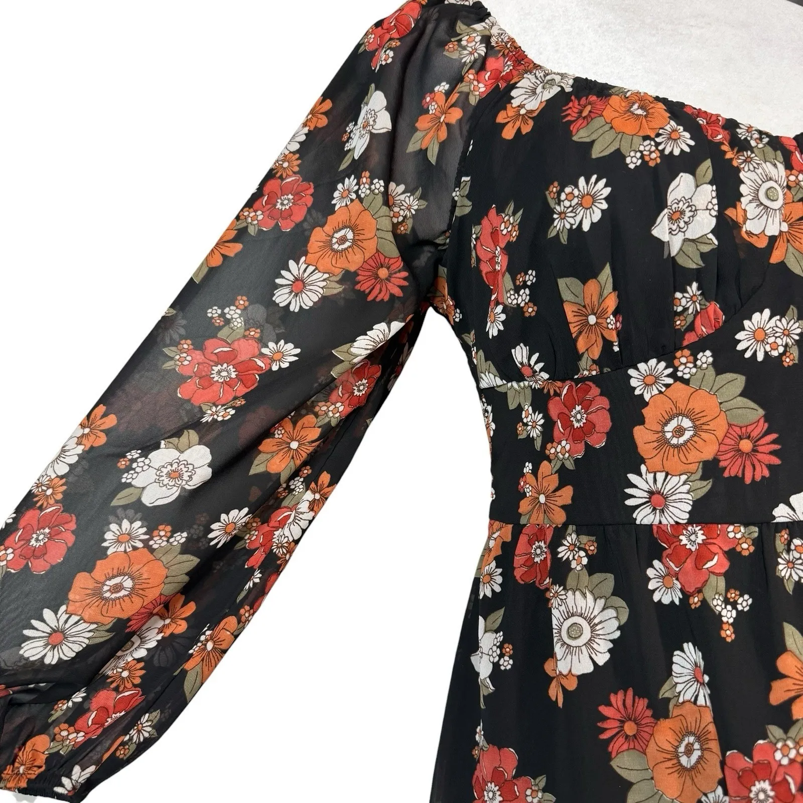 Hollister Dress Womens‎ Medium Floral Long Puff Sleeve Slit Midi Chiffon Retro - Image 5