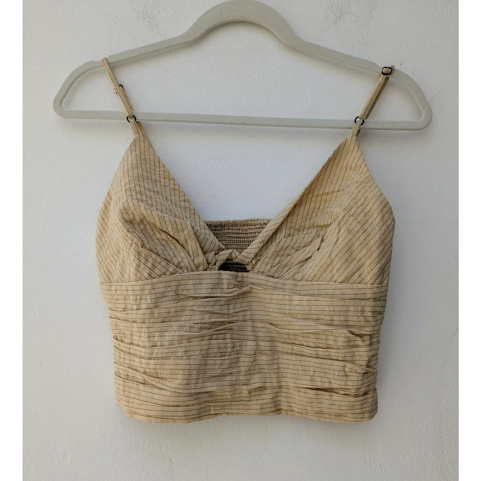Zara Pinstripe Crop Top V Neck Keyhole Cutout Ruched Smocked Back Cream Size S - Image 2