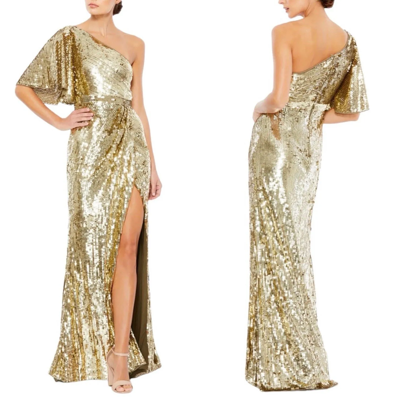Mac Duggal Evening Gown Size 2 Gold Embellished Cap Sleeve Cowl Neck Trumpet - Image 2