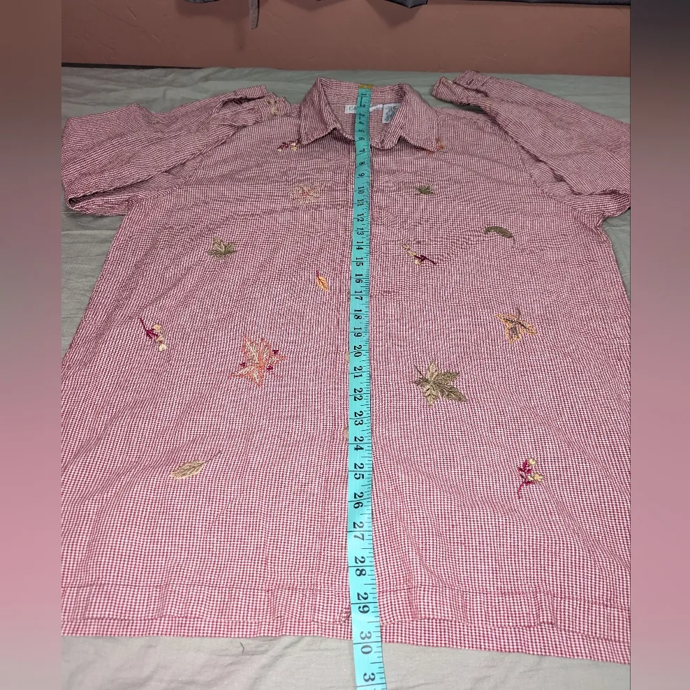 Cabin Creek Embroidered Fall Leaves Flannel Button Up Shirt Women's Large Red/Wt - Image 5