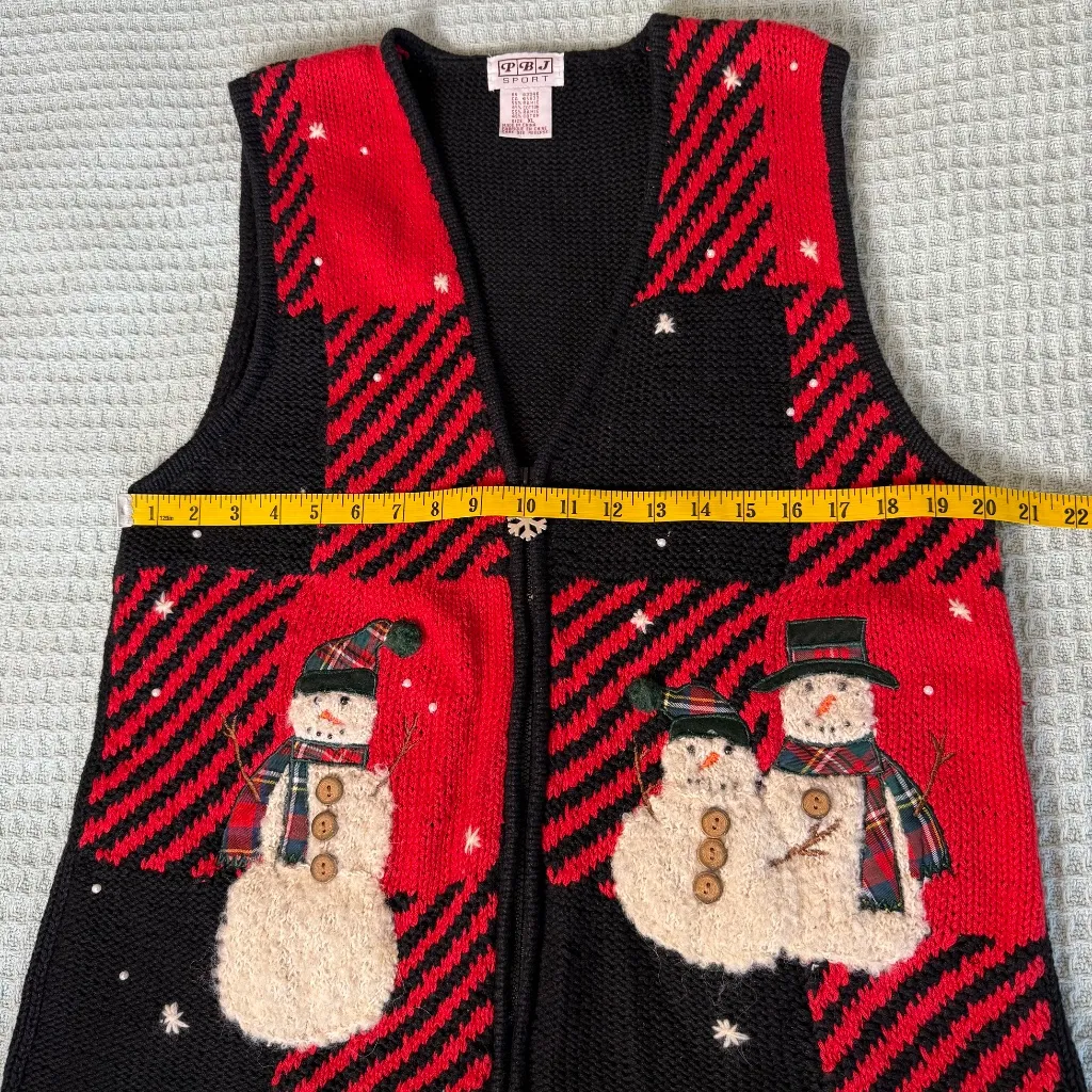 Vintage Ugly Christmas Sweater Vest Womens XL PBJ Sport Red Black Snowman Shirt - Image 5