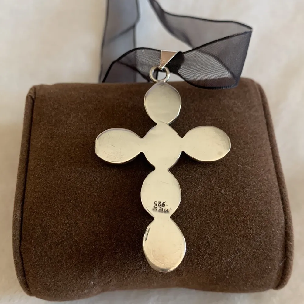 Chunky Black Onyx Sterling Silver Cross Pendant on Ribbon Necklace - Image 3