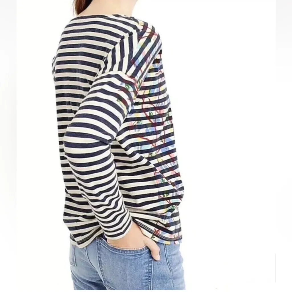 J Crew Michael De Feo Striped T-shirt Blue Floral Cotton Long Sleeve W1765 Sz XS - Image 4